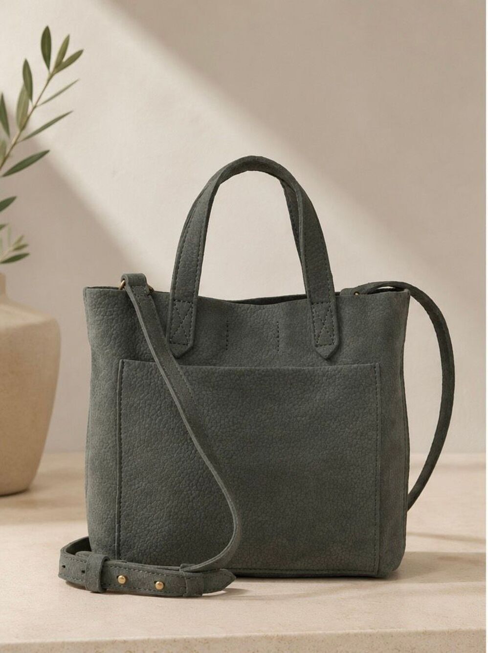 Madewell Pebbled Suede Leather Crossbody Tote Bag dusty blue Minimalist Carryall